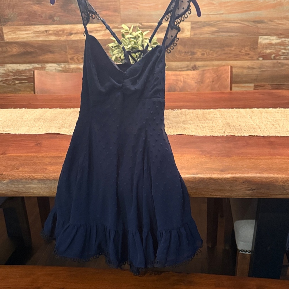 Lucy in the Sky Navy Blue Spotted Slip Dress with Ruffle Hem